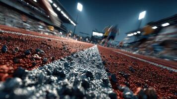 Runners sprinting on a track during an evening athletic event with bright stadium lights illuminating the field photo