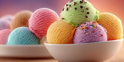 Deliciously colorful scoops of ice cream arranged in a bowl for a delightful dessert experience at a summer gathering photo