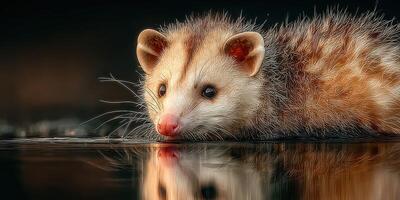 Opossum resting by the water at dawn with reflections in the calm surface photo