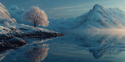 Snow-covered mountains reflect in calm waters at dawn in a tranquil winter landscape photo