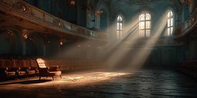 Abandoned theater with golden rays of sunlight illuminating an empty chair in a grand, historic interior photo