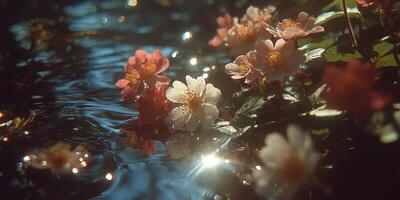 Colorful flowers bloom on the surface of a tranquil water body in a serene garden setting during daylight photo