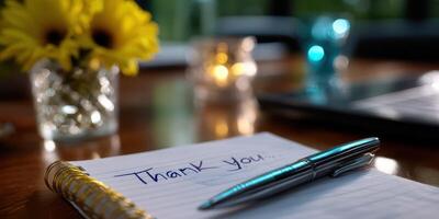 Thank you note on a table with sunflowers and soft lighting in a cozy setting photo