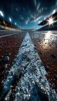 Racing track surface glistening after rain with a dramatic sky at sunset photo