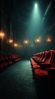 Elegant vintage theater interior showcasing red velvet seating illuminated by soft lighting photo