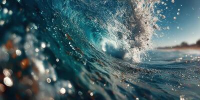 Powerful ocean wave crashing against the shore creates a stunning display of water droplets and sunlight in the afternoon photo