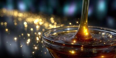 Golden liquid flows into a bowl, creating a sparkling trail on a dark background photo