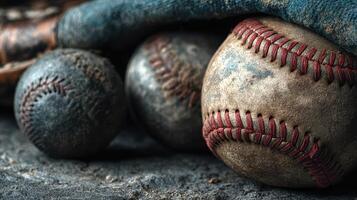 Worn baseballs resting on dusty ground beside a weathered glove during early morning light photo