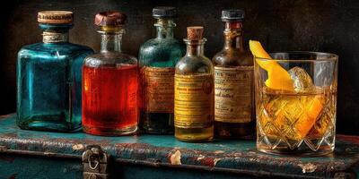 Colorful vintage bottles and a glass of whiskey with orange peel on a rustic trunk in dim lighting photo