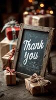 Rustic thank you sign with wrapped gifts in a warm, cozy setting photo