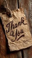 Handwritten thank you note on rustic paper displayed on a weathered wooden surface photo