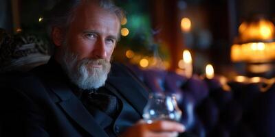 Sophisticated man in formal attire holding a drink in a cozy, dimly lit lounge during the evening photo