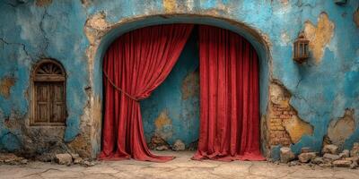 Vibrant red curtains drape over a weathered wall in an abandoned setting, highlighting decay and color contrasts photo
