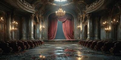 Elegant abandoned theater showcasing luxurious architecture and a grand stage with red curtains under dim lighting photo