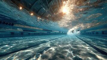 Swimmer performing a dive in an indoor pool during competition at a sports facility photo