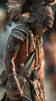 Cultural celebration featuring warrior dressed in traditional attire during a summer festival at sunset photo