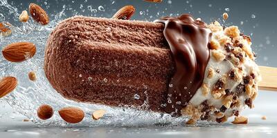 Melting chocolate almond ice cream bar splashes through water in a dynamic food shot photo