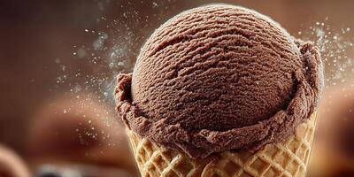 Delicious chocolate ice cream scoop in a waffle cone ready to be enjoyed on a warm summer day photo