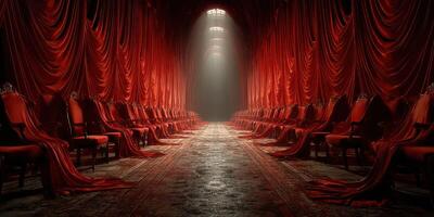 Grand hall adorned with red drapery and seating creating an atmosphere of elegance photo