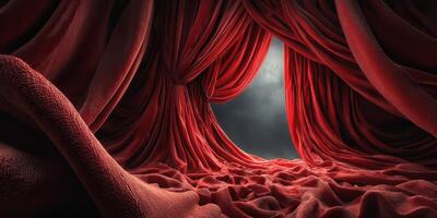 Rich red curtains part to reveal a mysterious backdrop, inviting the audience into an enchanting and dramatic setting photo