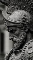 Detailed close-up of a majestic warrior statue showcasing intricate craftsmanship and historical significance in a public square photo
