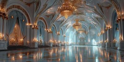 Elegant grand hall featuring intricate architecture and sparkling chandeliers in a luxurious setting during a quiet evening photo