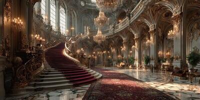 Elegant grand staircase in luxurious ballroom with chandeliers and ornate decor during evening hours photo