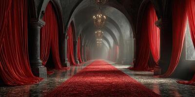 Elegant corridor with red curtains and chandeliers in a dimly lit venue during nighttime photo
