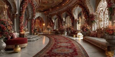 Lavishly decorated interior of an opulent space adorned with intricate floral arrangements and rich textures photo