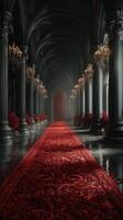 Elegant hallway adorned with red carpet and chandeliers in a grand gothic setting at twilight photo