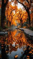 Beautiful autumn view of trees with golden leaves reflecting in a tranquil water body at dusk photo