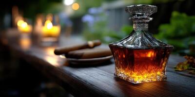 Elegant glass decanter filled with amber liquid on rustic wooden table with candles in background at twilight photo