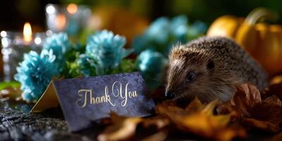 Hedgehog explores autumn decorations with a thank you card amidst colorful leaves and flowers photo