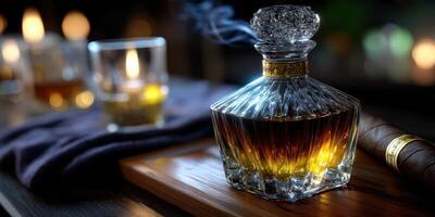 Elegant whiskey decanter and glass set on a wooden board with cigars and soft lighting in a cozy bar atmosphere photo