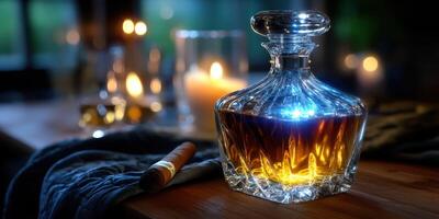 Luxurious whiskey decanter surrounded by candles and a cigar in an inviting dimly lit setting photo
