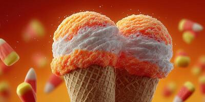 Delicious orange and white ice cream scoops with candy corn surrounded by vibrant colors in autumn celebration photo