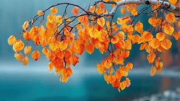Vibrant autumn leaves hang from a branch above a serene body of water in a tranquil setting during the fall season photo