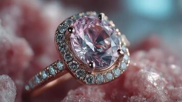 Elegant pink gemstone ring with sparkling diamonds displayed on soft textured surface in close-up view photo