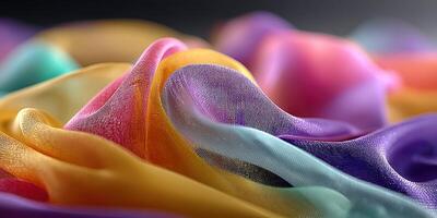 Colorful fabric waves create a vibrant texture in soft light showcasing delicate drapery and rich hues photo