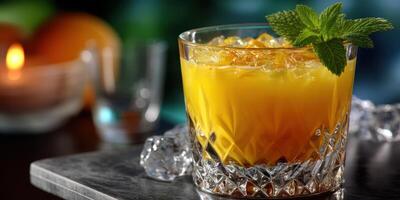 Refreshing cocktail with vibrant orange color served on a marble countertop in an elegant setting photo
