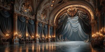 Elegant baroque interior with dramatic lighting and rich textures in a grand hall setting photo