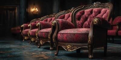 Luxurious vintage armchairs arranged in an elegant room with ornate details and soft lighting photo