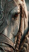 Majestic horse adorned in ornate armor with detailed craftsmanship captured in soft sunlight during an outdoor event photo