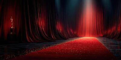 Red carpet setup with dramatic lighting and curtains for a prestigious awards ceremony in an elegant venue photo