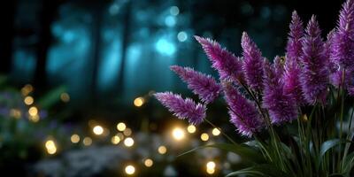 Vibrant purple flowers illuminated by soft light in a serene forest at night photo
