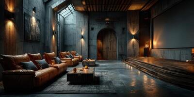 Modern industrial living room with cozy seating and ambient lighting in a renovated space photo