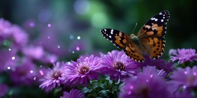 Colorful butterfly resting on vibrant purple flowers in a lush garden during bright daylight hours photo