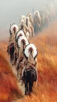 Native American horse riders in traditional attire traverse a misty landscape at dawn photo