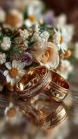 Wedding rings resting beside a beautiful floral bouquet adorned with delicate blooms and greenery photo