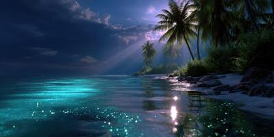 Calm tropical waters reflect moonlight under a starry sky with swaying palm trees and gentle waves in the distance photo